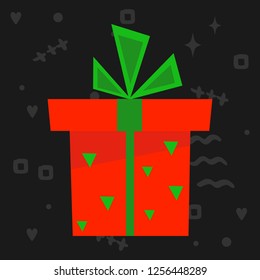 GIFT BOX icon. Isolated red box on dark background for logo, banner, badge, card, postcard, poster.
Vector 