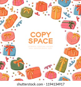 Gift box icon kids hand drawing set pattern background illustration colorful isolated on white background, with center copy space circle shape, vector eps 10