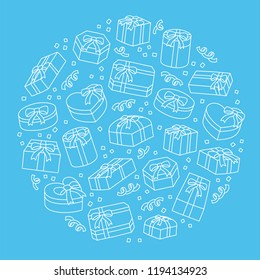 Gift box icon kids hand drawing set pattern background circle shape illustration blue color isolated on blue background, vector eps 10
