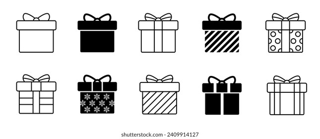 Gift box icon in line style isolated on white. Gift box icon set. Vector illustration