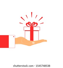 Gift box icon in a linear style with a bow. Gift in the hand. Holiday concept. Vector illustration in a flat style.