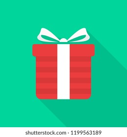 Gift box icon with long shadow on green background, flat design style