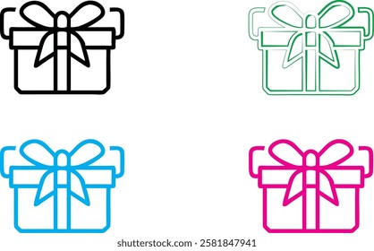 Gift box icon, minimalist line drawing, colorful outlines, present with bow, simple geometric shapes, flat design, holiday symbol, graphic element, vector illustration, clean lines, multicolor set, fe