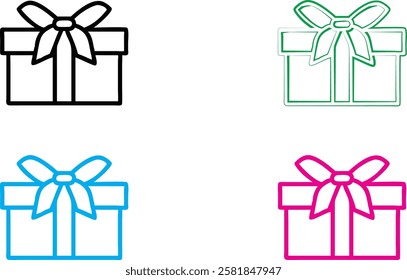 Gift box icon, minimalist line drawing, colorful outlines, present with bow, simple geometric shapes, flat design, holiday symbol, graphic element, vector illustration, clean lines, multicolor set, fe