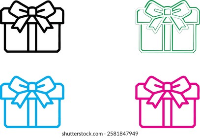 Gift box icon, minimalist line drawing, colorful outlines, present with bow, simple geometric shapes, flat design, holiday symbol, graphic element, vector illustration, clean lines, multicolor set, fe