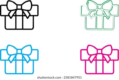 Gift box icon, minimalist line drawing, colorful outlines, present with bow, simple geometric shapes, flat design, holiday symbol, graphic element, vector illustration, clean lines, multicolor set, fe