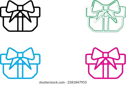 Gift box icon, minimalist line drawing, colorful outlines, present with bow, simple geometric shapes, flat design, holiday symbol, graphic element, vector illustration, clean lines, multicolor set, fe