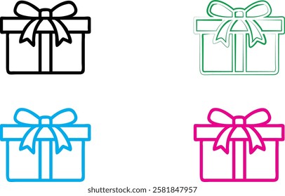 Gift box icon, minimalist line drawing, colorful outlines, present with bow, simple geometric shapes, flat design, holiday symbol, graphic element, vector illustration, clean lines, multicolor set, fe