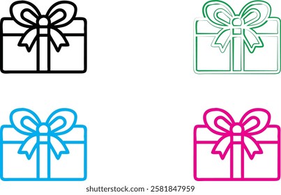 Gift box icon, minimalist line drawing, colorful outlines, present with bow, simple geometric shapes, flat design, holiday symbol, graphic element, vector illustration, clean lines, multicolor set, fe