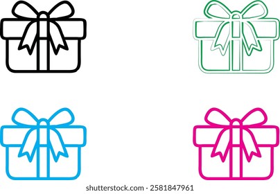 Gift box icon, minimalist line drawing, colorful outlines, present with bow, simple geometric shapes, flat design, holiday symbol, graphic element, vector illustration, clean lines, multicolor set, fe