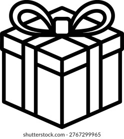 Gift box icon in minimalist line art style, square outline with ribbon and bow, symbolizing celebration, holiday, birthday, and special occasion design