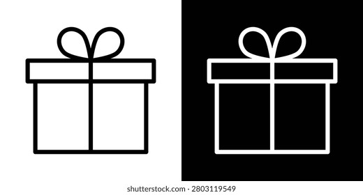 Gift box icon in modern outline style featuring wrapped present with ribbon bow, representing birthday gifts, holiday presents, surprise packages, celebration rewards and special occasion giving.