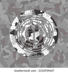 gift box icon on grey camo pattern. 