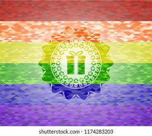 gift box icon on mosaic background with the colors of the LGBT flag