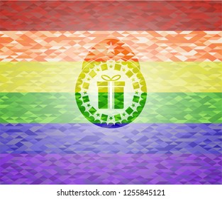 gift box icon on mosaic background with the colors of the LGBT flag
