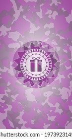 gift box icon on pink camouflage texture. 