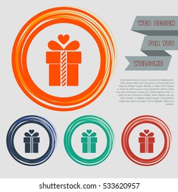 Gift box icon on the red, blue, green, orange buttons for your website and design with space text. Vector illustration