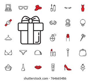 gift box icon on white background. Beauty, Cosmetic, Shopping and Makeup Vector Icons Set . Cosmetic products, makeup brushes, lipstick, perfume, eye makeup. Women accessories. Fashion icons