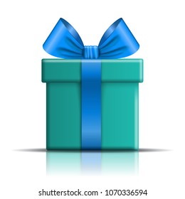 Gift box icon. Open surprise present template, blue ribbon bow, isolated white background. 3D design decoration for Christmas, New Year holiday, birthday, Valentine Day Vector illustration
