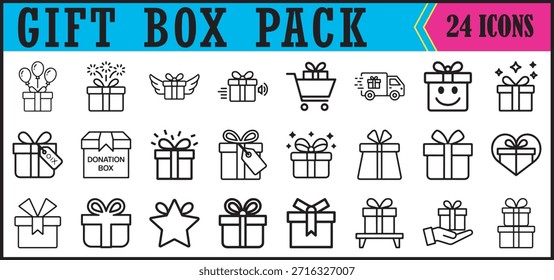 Estilo de línea de paquete de iconos de caja de regalo, Colección de iconos de línea de caja de regalo minimalista para comercio electrónico, celebraciones, fiestas, diseño de embalaje y Elementos de interfaz de usuario.

