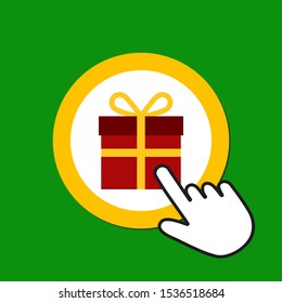 Gift box icon. Present, bonusl concept. Hand Mouse Cursor Clicks the Button. Pointer Push Press