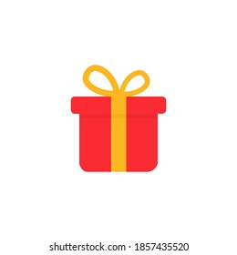 Gift box icon. Present symbol. Christmas red gift with orange ribbon isolated on the white background. Vector illustration.