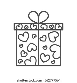 Gift box icon. Present for Valentines day with hearts pattern. Thin outline icon. Isolated Vector Illustration