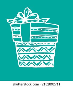 the gift box icon. A rectangular box drawn in the doodle style by hand, a bow on top with a pattern of lines, triangles and dots, a zigzag isolated white outline on an emerald for a design template 