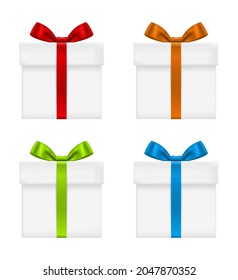 Gift box icon with red bow and ribbon. Present package paper cardboard isolated on white background