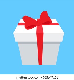 Gift box icon with red bow and ribbon isolated on blue background. White present package, New Year holiday parcel symbol vector illustration