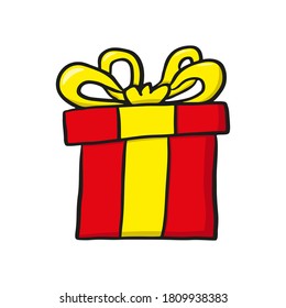 Gift box icon. Red cartoon drawing. Colored contour silhouette. Vector flat graphic hand drawn illustration. The isolated object on a white background. Isolate.