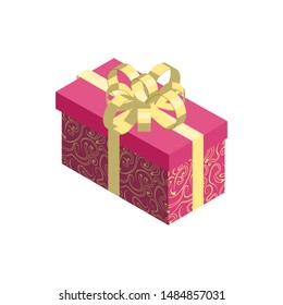Gift box icon with red pattern wrapping and golden bow isolated on white background. Isometric vector illustration.
