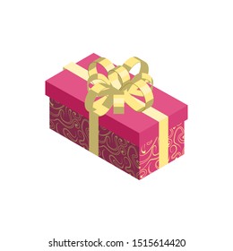 Gift box icon with red pattern wrapping and golden bow isolated on white background. Isometric vector illustration.