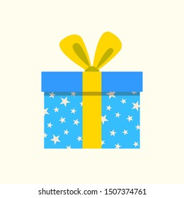 Gift box icon with ribbon and bow. Present package for Christmas or Birthday celebration. Design element for surprise, party, greeting card. Vector illustration.