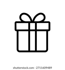 Icono de caja de regalo con una cinta y un lazo, que representa regalos, celebraciones, ocasiones especiales, fiestas, cumpleaños y sorpresas festivas en un estilo minimalista limpio