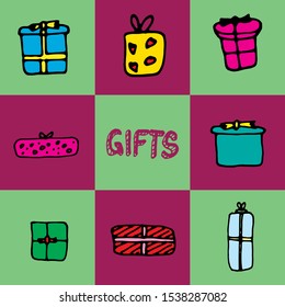 Gift box icon set. 8 icons with gifts text. Box for birthday, Christmas, New Year, holiday. Vector icons. 