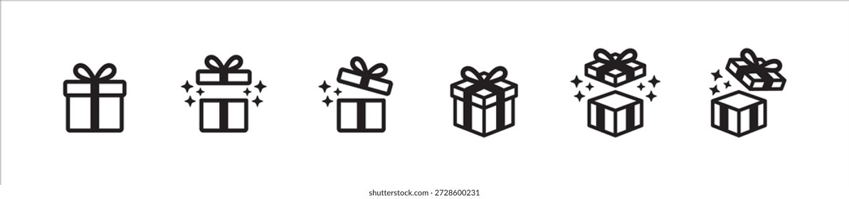 Conjunto de ícones de caixa de presente. Feche e abra a caixa de presente presente com ícones cintilantes. Ícones de caixa de presente surpresa. Ilustração de símbolo vetorial para o Natal, aniversário, dia dos namorados, realização, festa, sucesso, venda.