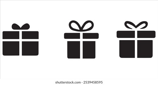 Gift Box Icon Set. A collection of simple black gift box icons with ribbon bows. Perfect for holiday designs, celebrations, e-commerce, and UI elements. High-quality vector illustration.