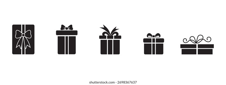 Gift Box Icon Set. A collection of simple black gift box icons with ribbon bows. Perfect for holiday designs, celebrations, e-commerce, and UI elements. High-quality vector illustration.