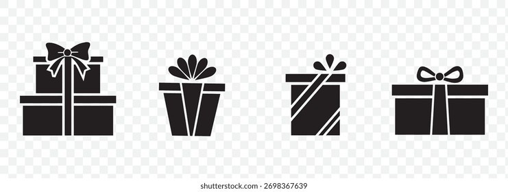 Gift Box Icon Set. A collection of simple black gift box icons with ribbon bows. Perfect for holiday designs, celebrations, e-commerce, and UI elements. High-quality vector illustration.