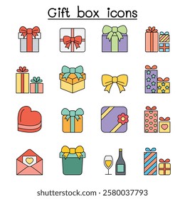 Gift box icon set in color line style