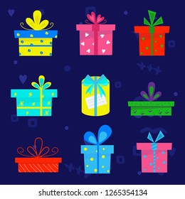 GIFT BOX icon set of colorful gift boxes, isolated on dark background for logo, banner, badge, card, postcard, poster.
Vector illustrator
