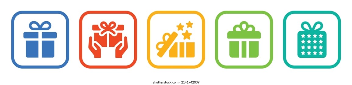 Gift box icon set in colorful design. Present symbol vector illustration.