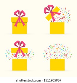 Icono de la caja de regalo con confetti. Paquete sorpresa con cinta y arco. Presentar cajas para la celebración de Navidad o Cumpleaños. Parte, elementos de diseño de tarjetas de felicitación. Ilustración vectorial.