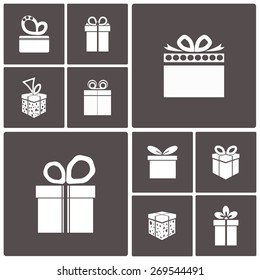 Gift box icon set different styles. Holiday Presents. Gray and white. Vector illustration.