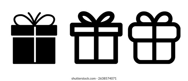 Gift box icon set featuring tied, open, and sparkling presents. Perfect for Christmas, birthdays, Valentine’s Day, weddings, parties, celebrations, and achievements. Vector illustration.