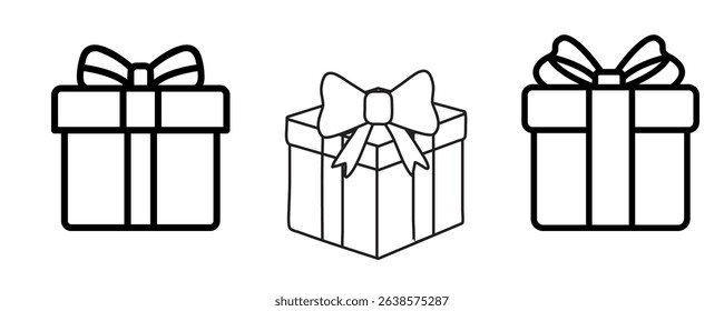 Gift box icon set featuring tied, open, and sparkling presents. Perfect for Christmas, birthdays, Valentine’s Day, weddings, parties, celebrations, and achievements. Vector illustrations.