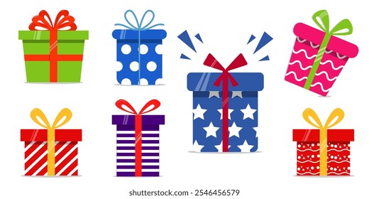 Gift box icon set. Gifts and presents for holiday celebration and special sales offer. birthday celebration, special give away pack Isolated birthday or anniversary box with white background.