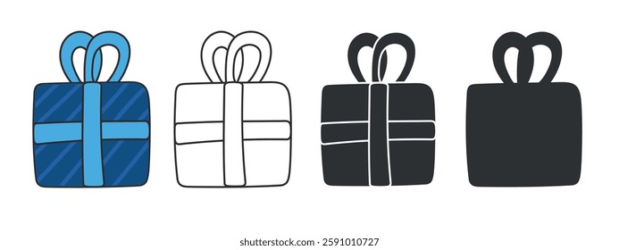 Gift Box Icon Set – Hand-Drawn Present with Ribbon in Color, Outline, and Silhouette Styles. Perfect for Christmas, Birthday, Holiday, and Celebration Designs. Vector Illustration for Web and Print.