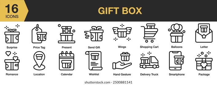 Gift Box icon set. Includes balloons, letter, package, present, surprise, wish list, and More. Outline icons vector collection.